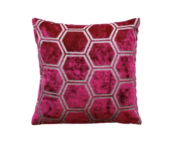 Geo velvet cushion fuschia