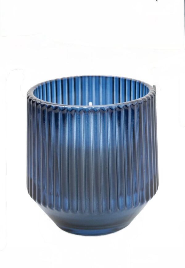 Blue Large Ridged Glass Candle Midnight Pomegranate Scent 9.7cm